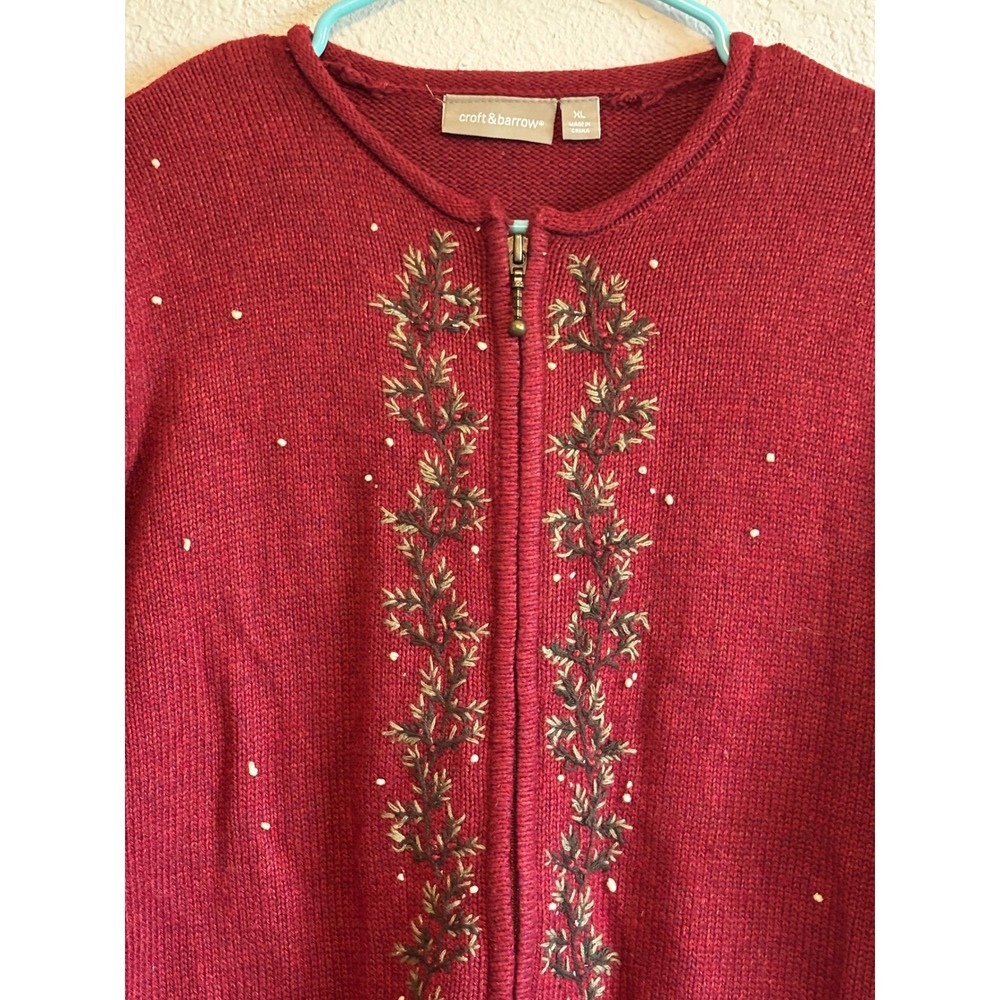 Croft & Barrow Burgundy Red Embroidered Pine Branch Full Zip Cardigan XL